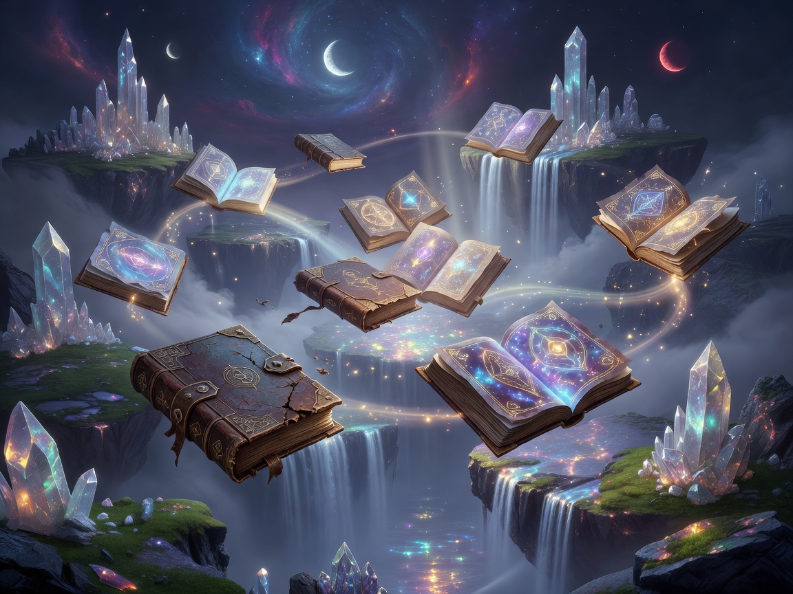 Floating ancient tomes with glowing pages in a mystical realm