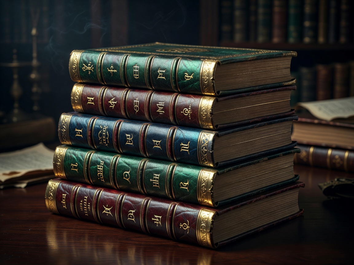 Stack of luxurious leather bound magical books